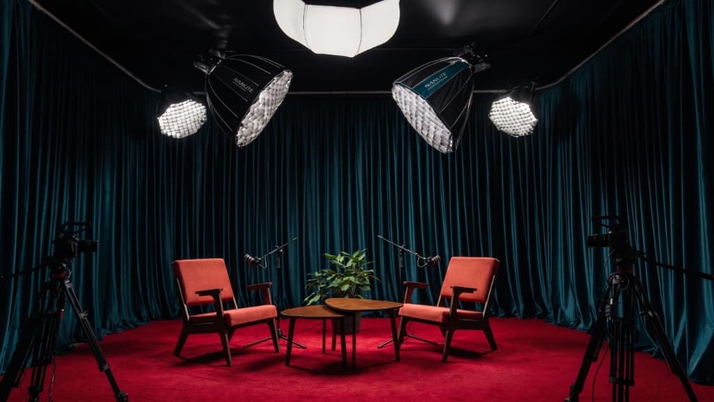 Studio with teal curtains